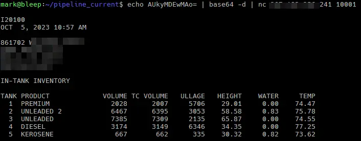 A screenshot of a command-line interface displaying a tank inventory with details on volume, height, water, and temperature