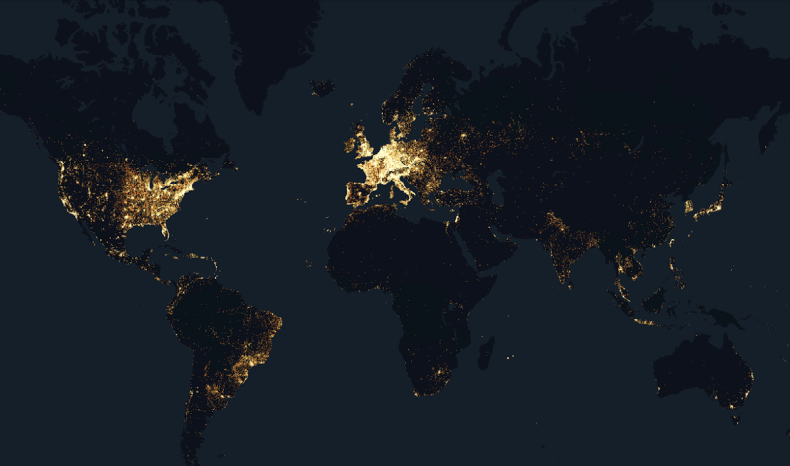 A dark world map with illuminated dots highlighting densely populated areas across Europe, North America, and parts of Asia.