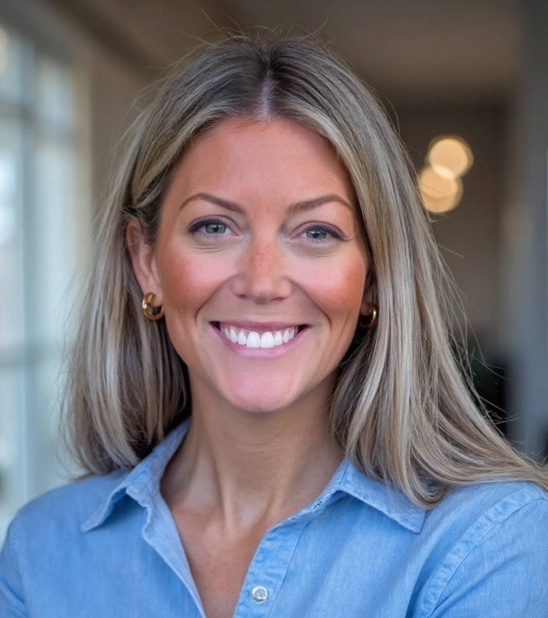 A smiling woman with blonde hair, wearing a blue shirt and gold earrings, in a bright indoor setting.