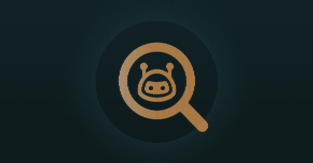 Orange magnifying glass icon with a stylized bug or creature face inside it on a dark teal dotted background.