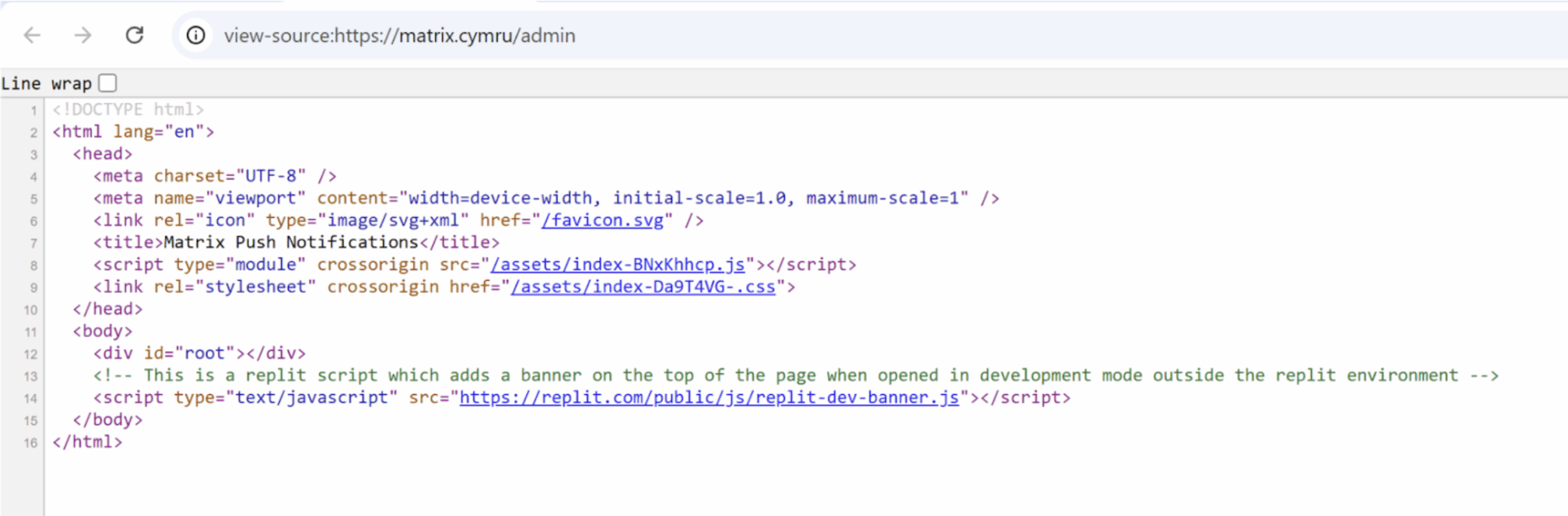 Matrix Push C2 admin panel HTML source revealing static unauthenticated access to the entire React JavaScript source and accompanying CSS.