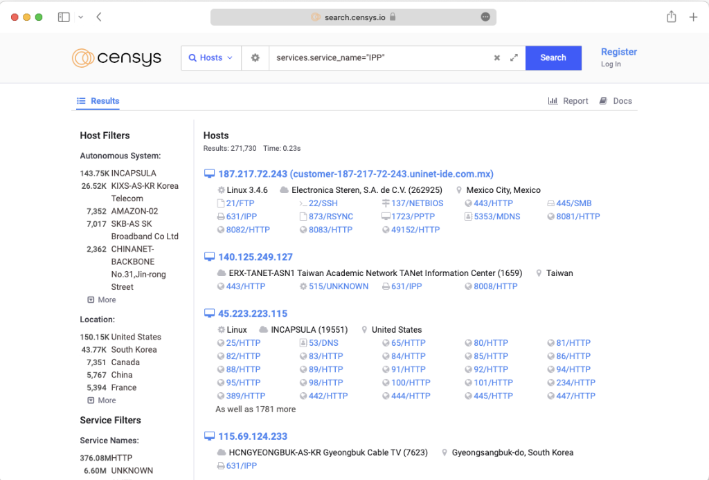 Search results page from censys.io showing IP addresses, host details, locations, and service filters for various hosts.