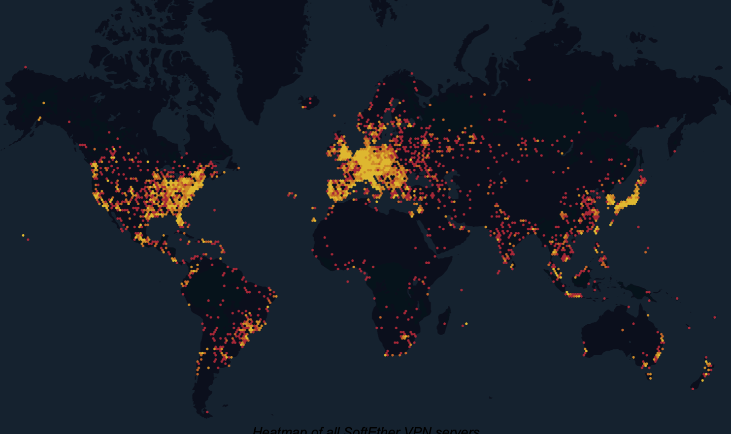 A world map displaying dense clusters of SoftEther VPN servers with heatmap colors indicating server distribution density.