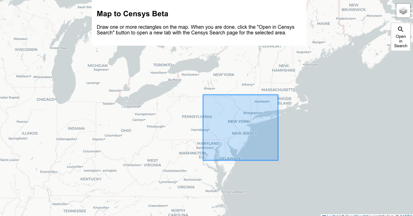 Map highlighting a blue rectangle over parts of New York, New Jersey, Delaware, Maryland, and Connecticut for Censys Beta.