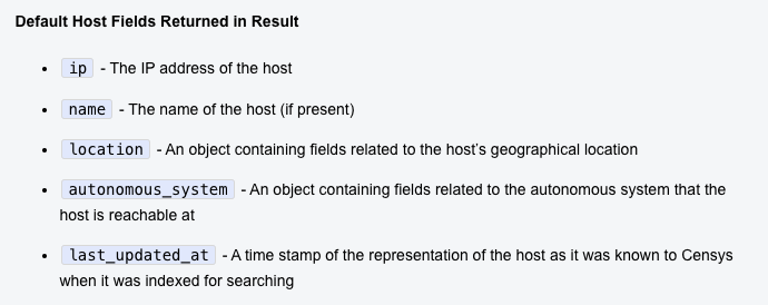 Default host fields include IP address, host name, location, autonomous system, and last updated timestamp.