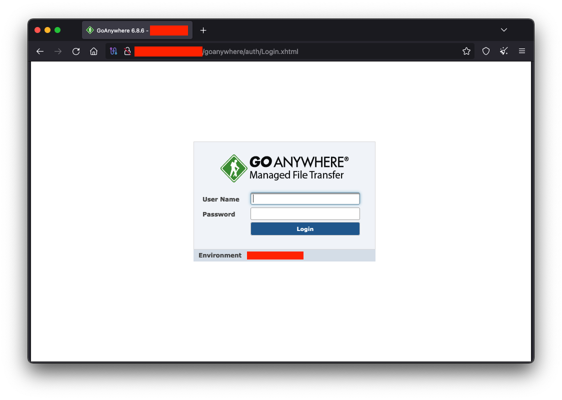 Login screen for GoAnywhere Managed File Transfer with fields for username and password, and environment indicator at the