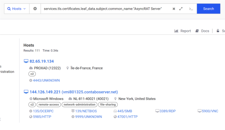 AsyncRat servers in Censys Search view