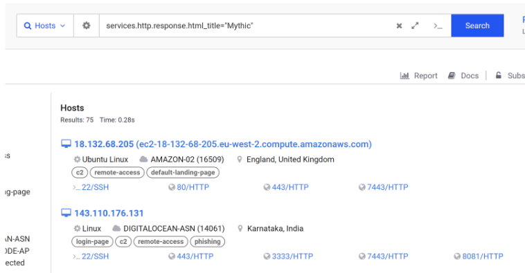 Mythic C2 Servers Censys Search view