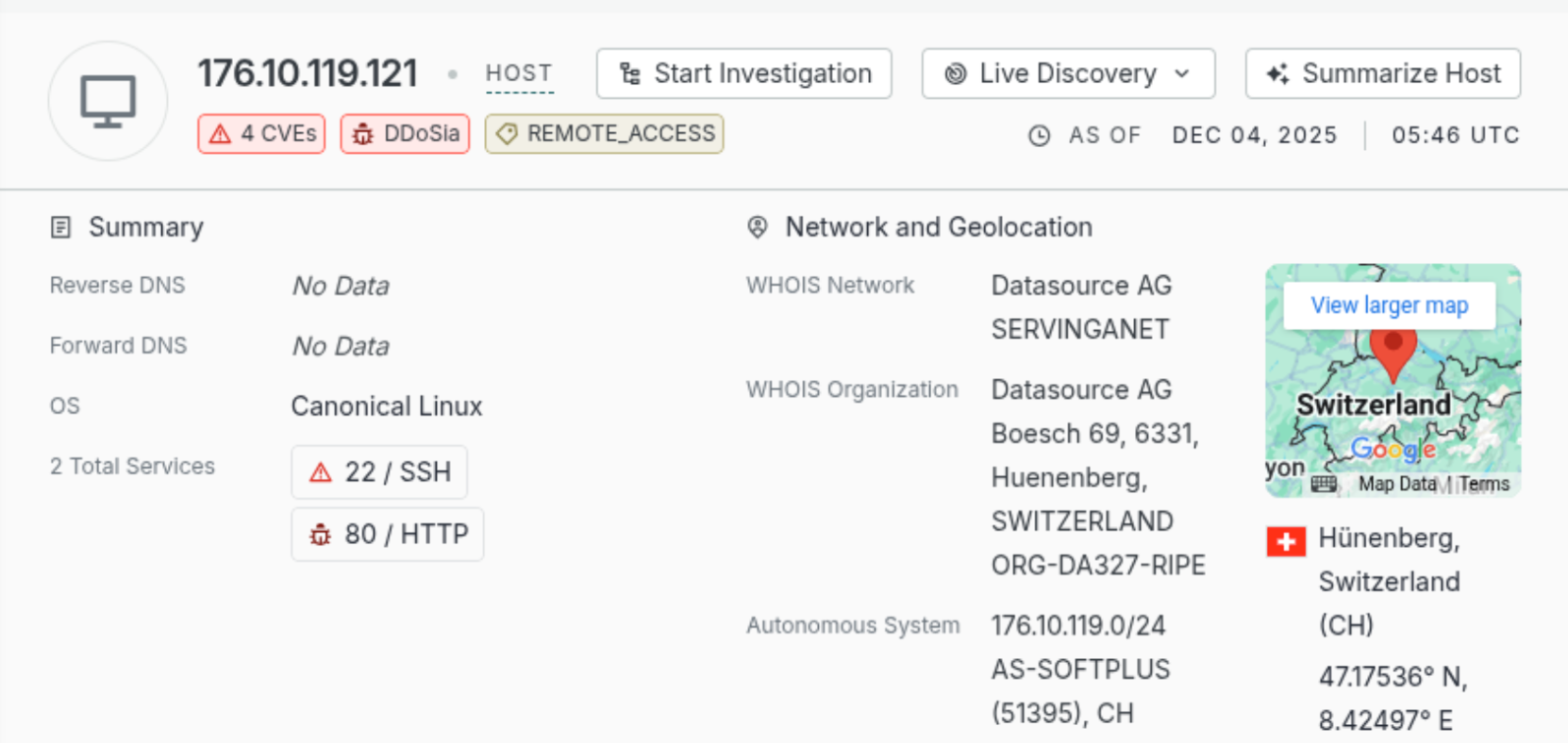 Internet exposure for a DDoSia control servers, showing two services open - 80/HTTP and 22/SSH 