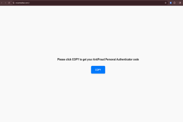 Click-fix style lure. Prompt reads "Please click COPY to get your AntiFraud Personal Authenticator code." Button reads "COPY"