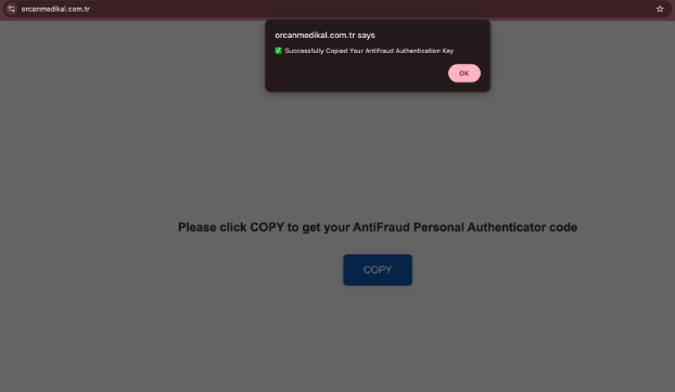 System prompt after interacting with the Copy button. Prompt reads "Please click COPY to get your AntiFraud Personal Authenticator code" with a button reading "COPY" underneath.