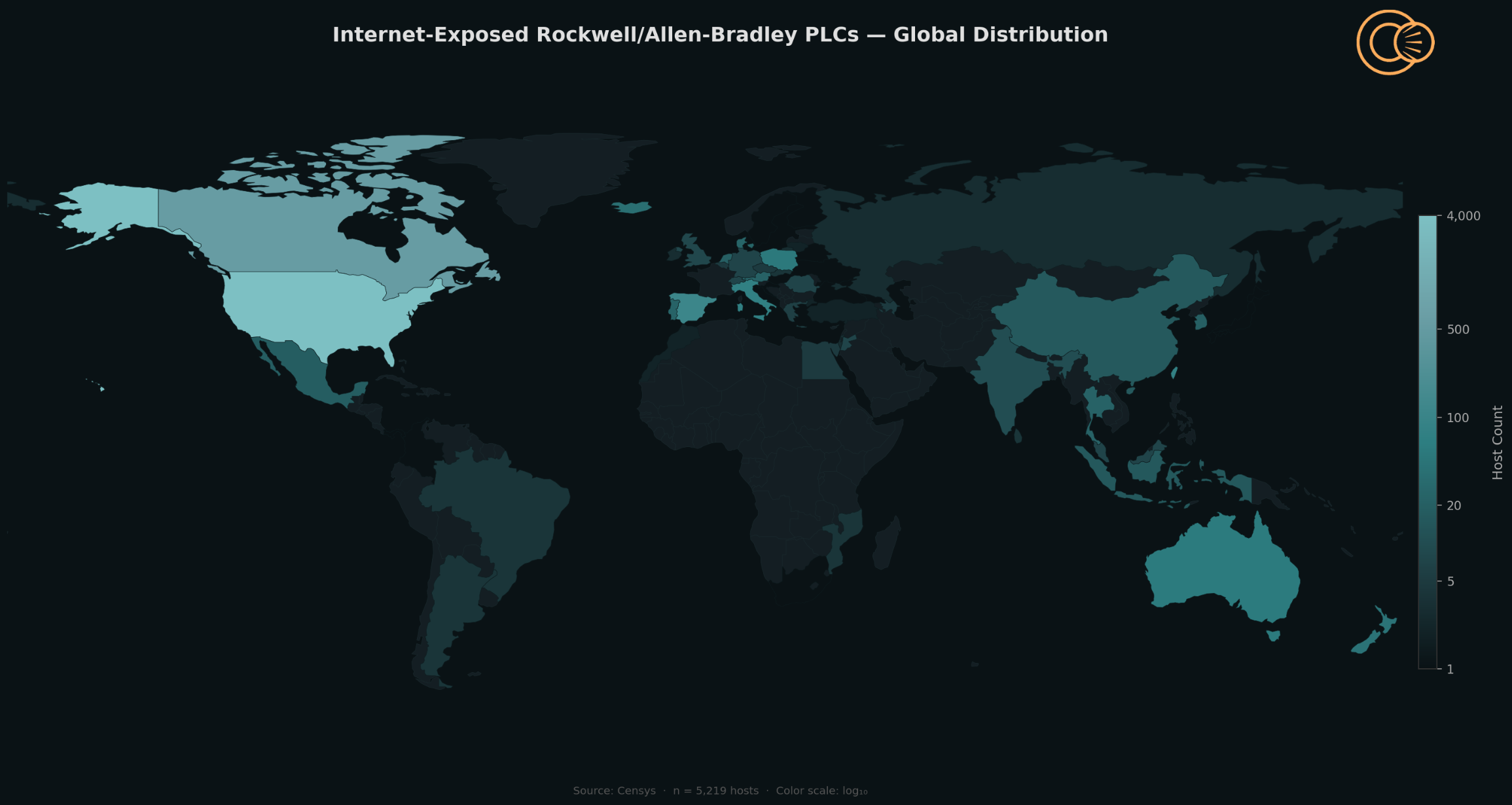 Map depicting the global distribution of internet-exposed Rockwell/Allen-Bradley PLC hosts