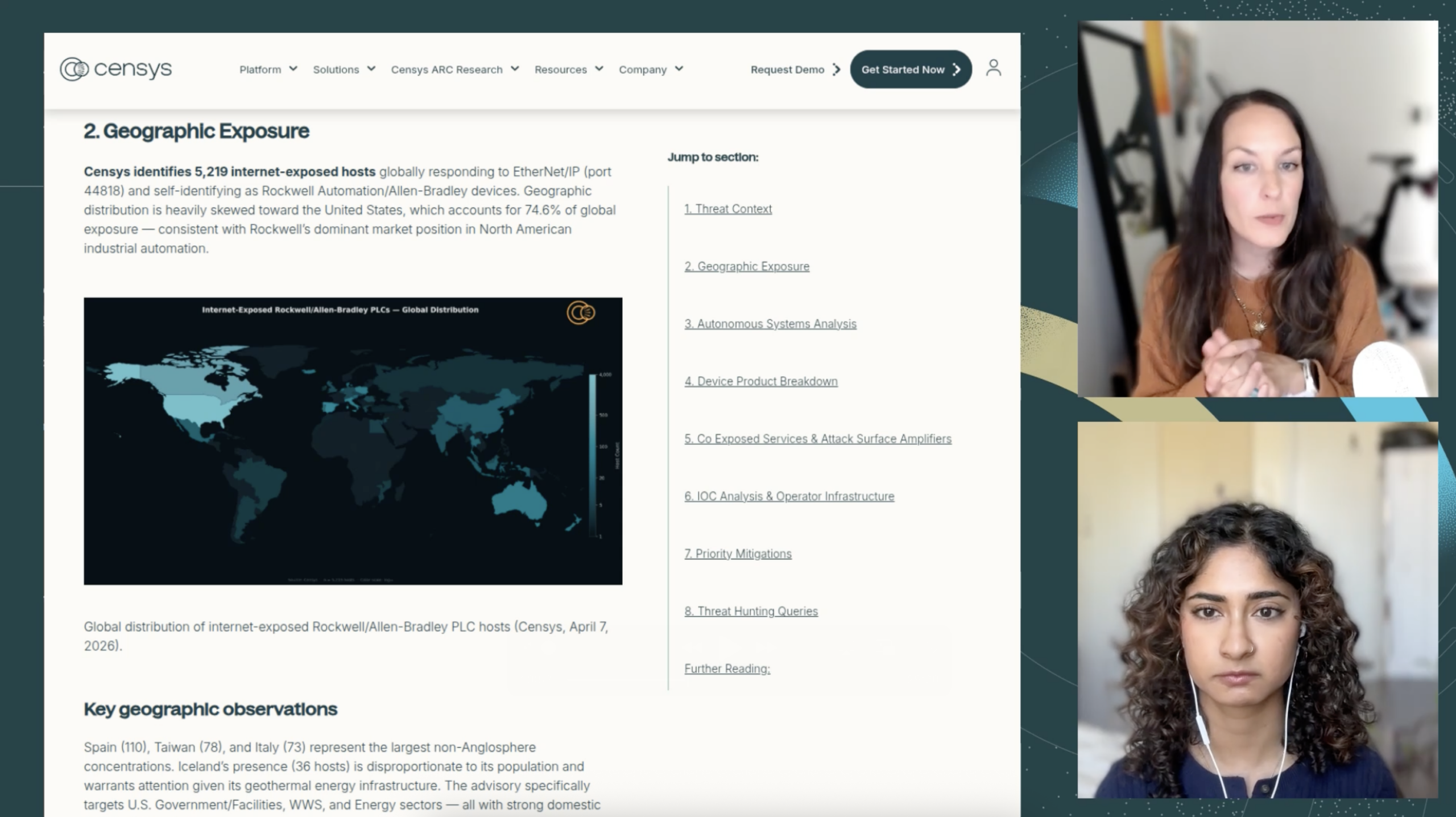 Flash webcast screenshot showing Censys ARC Principal Security Researcher Emily Austin and Senior Security Researcher Himaja Motheram exploring geographic observations associated with Internet-exposed Rockwell/Allen-Bradley PLC hosts