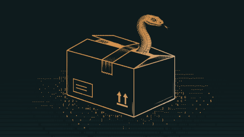ASCII art-style illustration of a snake emerging from a shipping box, rendered in orange characters on a dark background.