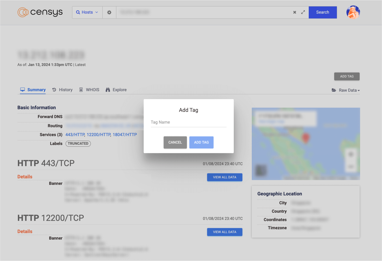 Screenshot of the Censys platform with a pop-up window to add a new tag labeled "Tags-Screenshot."