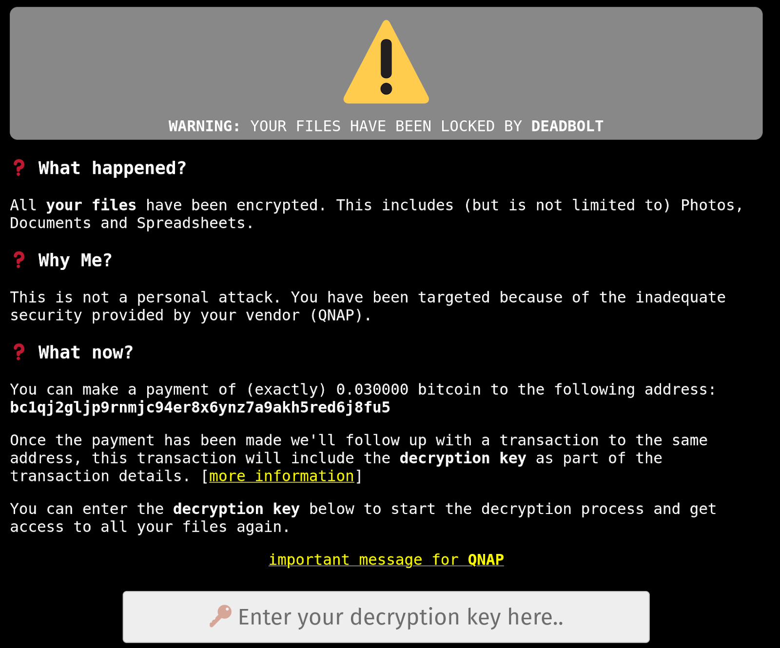 Deadbolt Ransomware warning