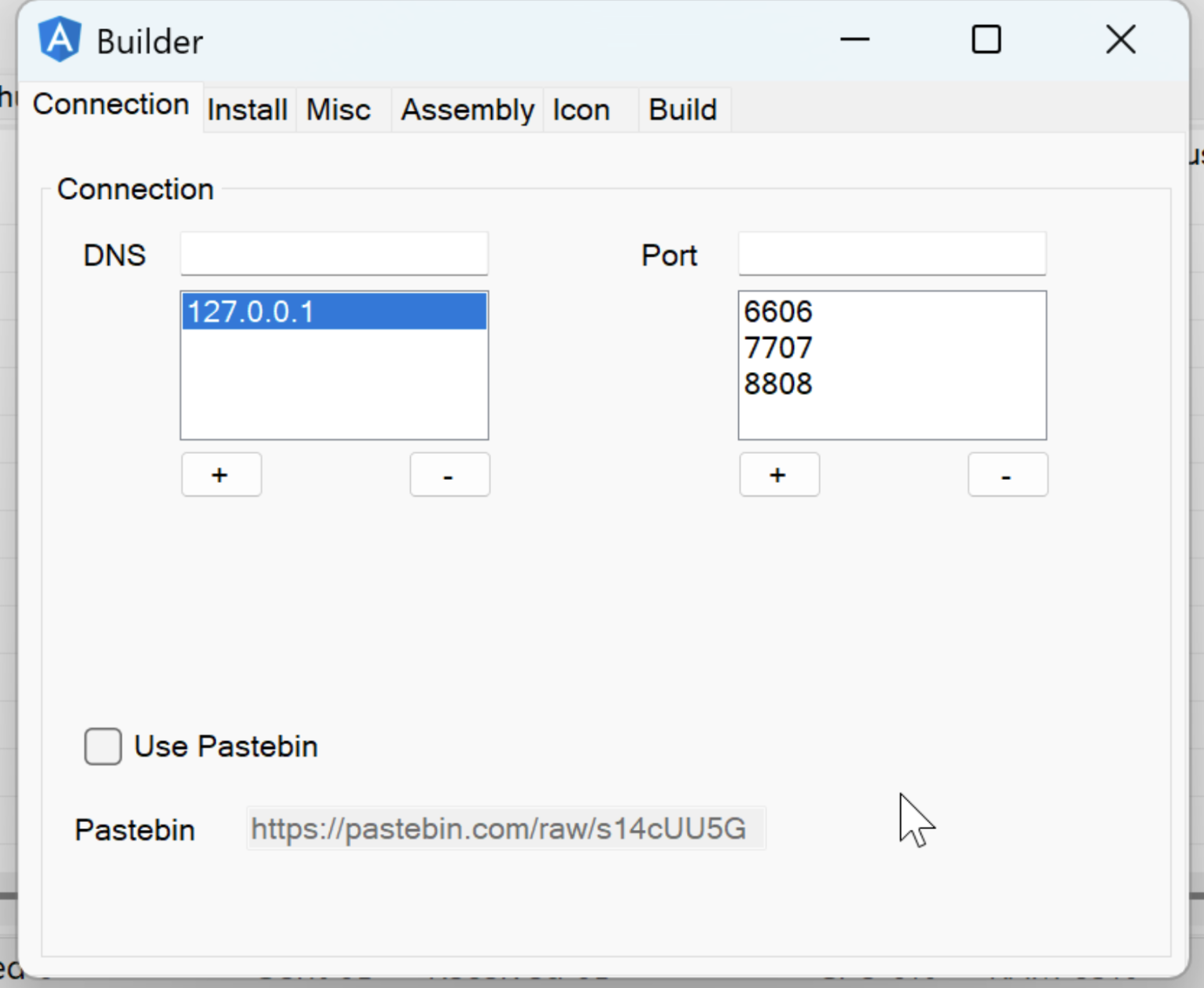 AsyncRAT client builder default connection options