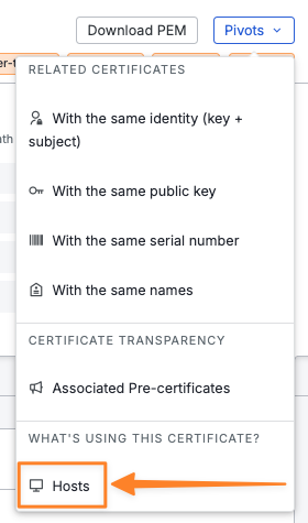 Pivots Dropdown Menu - RELATED CERTIFICATES - With the same identity (key + subject) - On With the same public key - With the same serial number - With the same names - CERTIFICATE TRANSPARENCY - Associated Pre-certificates - WHAT'S USING THIS CERTIFICATE? - Hosts <---- This is what we want