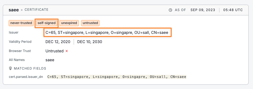 Certificate details with "self-signed" status, issued in Singapore, valid until December 10, 2030.