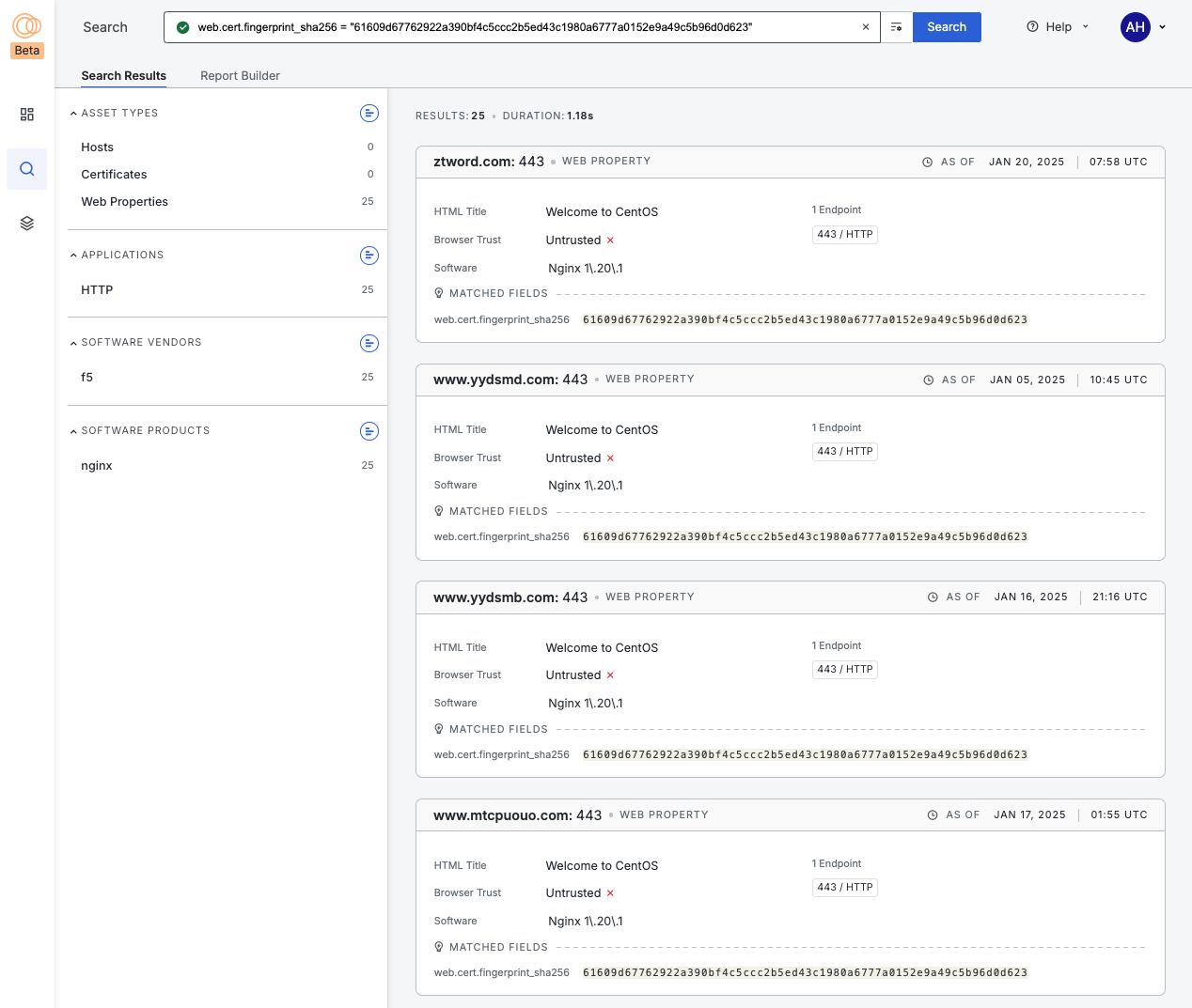 A list of BADBOX Botnet domains and their ports that match the query: web.cert.fingerprint_sha256 = "61609d67762922a390bf4c5ccc2b5ed43c1980a6777a0152e9a49c5b96d0d623"
