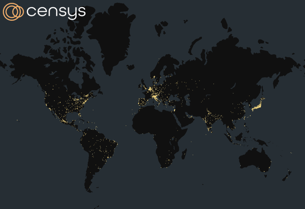 A dark world map with numerous small yellow dots indicating locations, featuring the Censys logo in the top left corner.