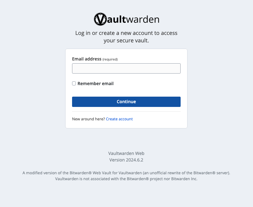 Screenshot of Vaultwarden login interface with web client version in the page footer