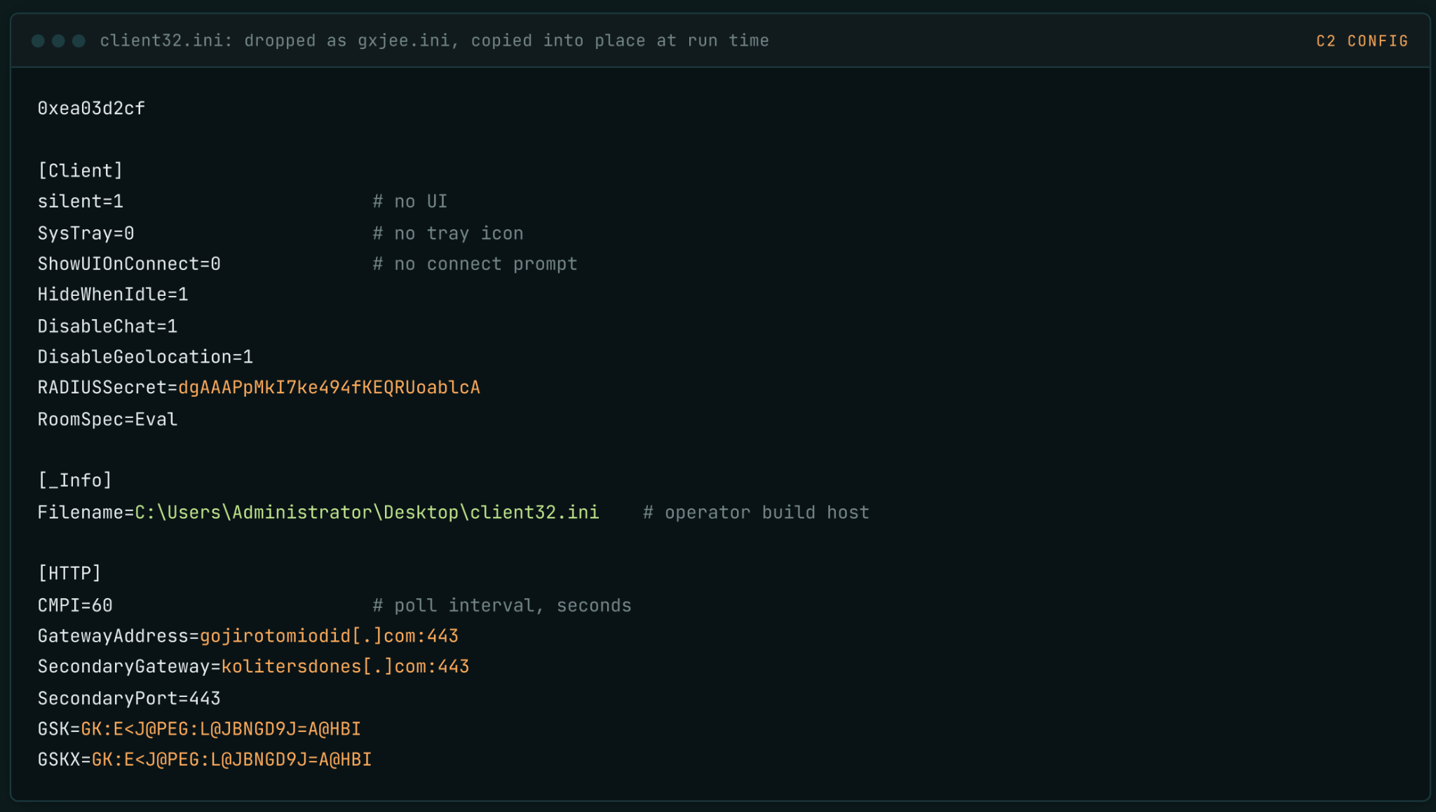 Configuration file settings for silent operation and C2 polling.