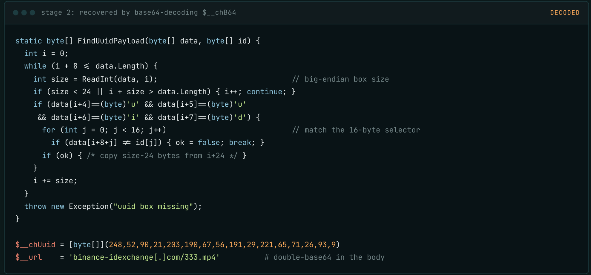 Parser code showing the logic for walking ISO-BMFF atoms and matching build-specific identifiers.