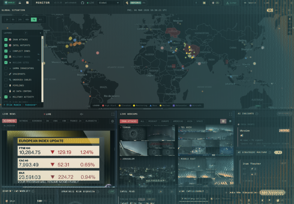 dashboard of camera and data feeds across the Middle East and Eastern Europe