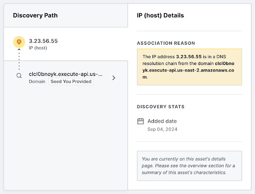 Censys ASM UI screenshot showing the discovery path and IP details for a host 