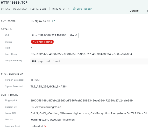A browser error page indicating a 404 Not Found for the URL https://119.8.186.227:19999/.