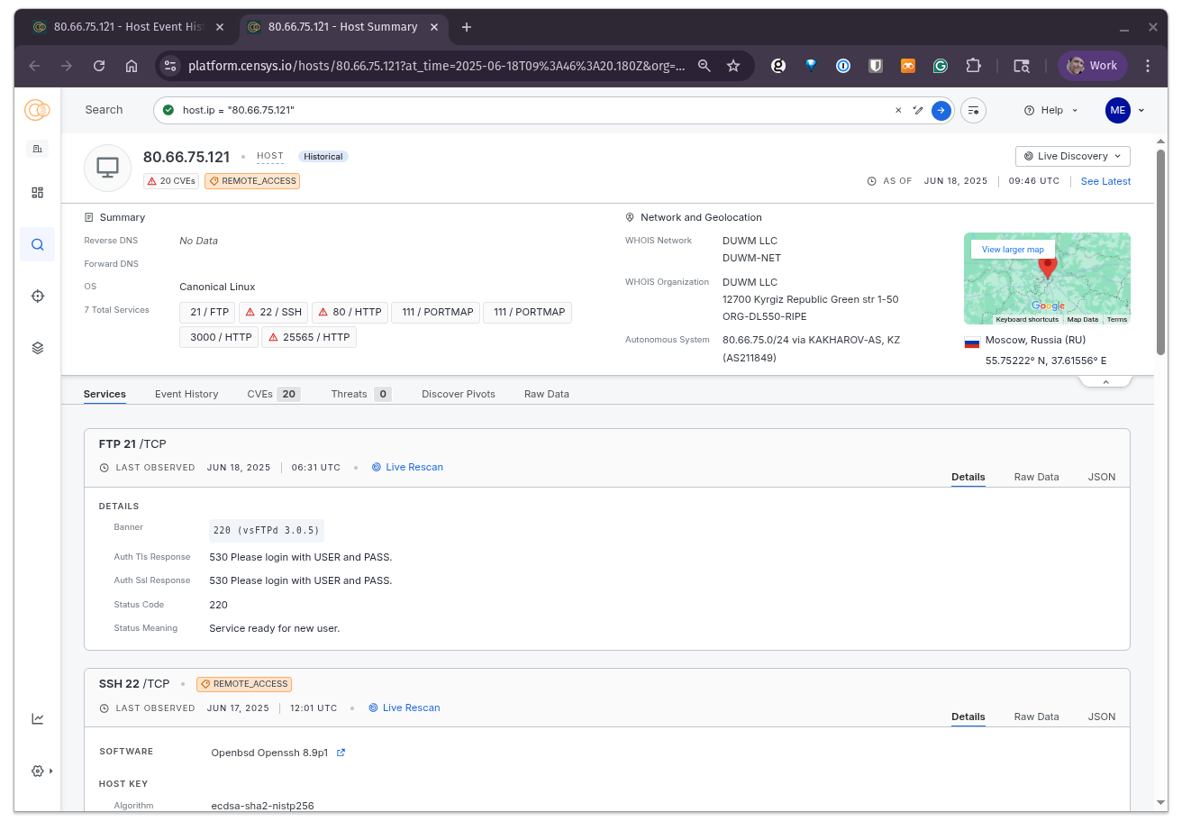 A screenshot of a web page displaying detailed information about a server with IP 80.66.75.121, including network, services,