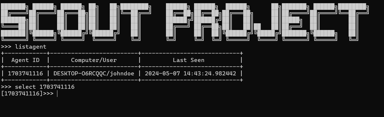 A computer terminal displays a user list with agent ID, username, and last seen date in a black background with a pixelated