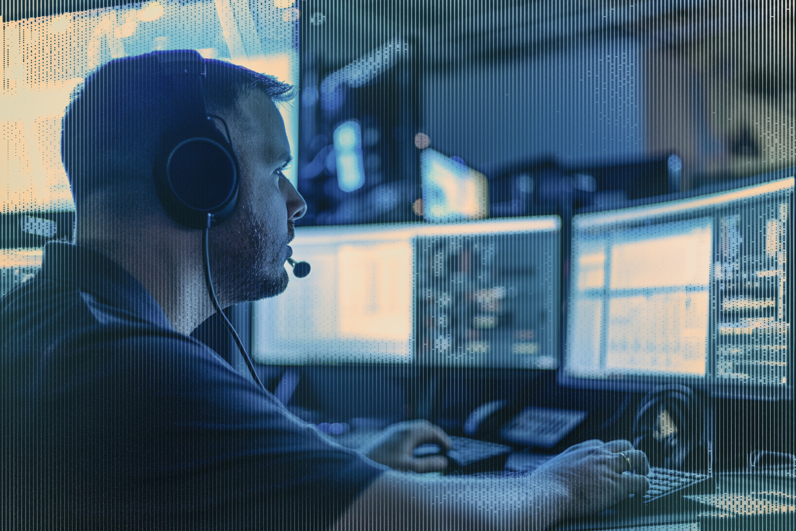 Man wearing a headset working at a computer with multiple monitors in a security operations center.