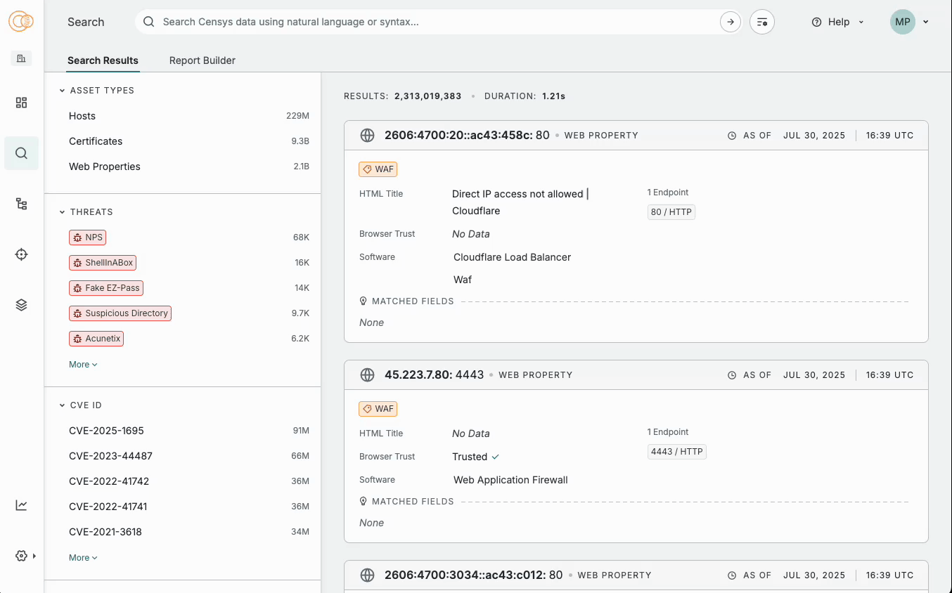 Screenshot of a cybersecurity dashboard displaying web assets, threats, and CVE data with asset details and threat labels.