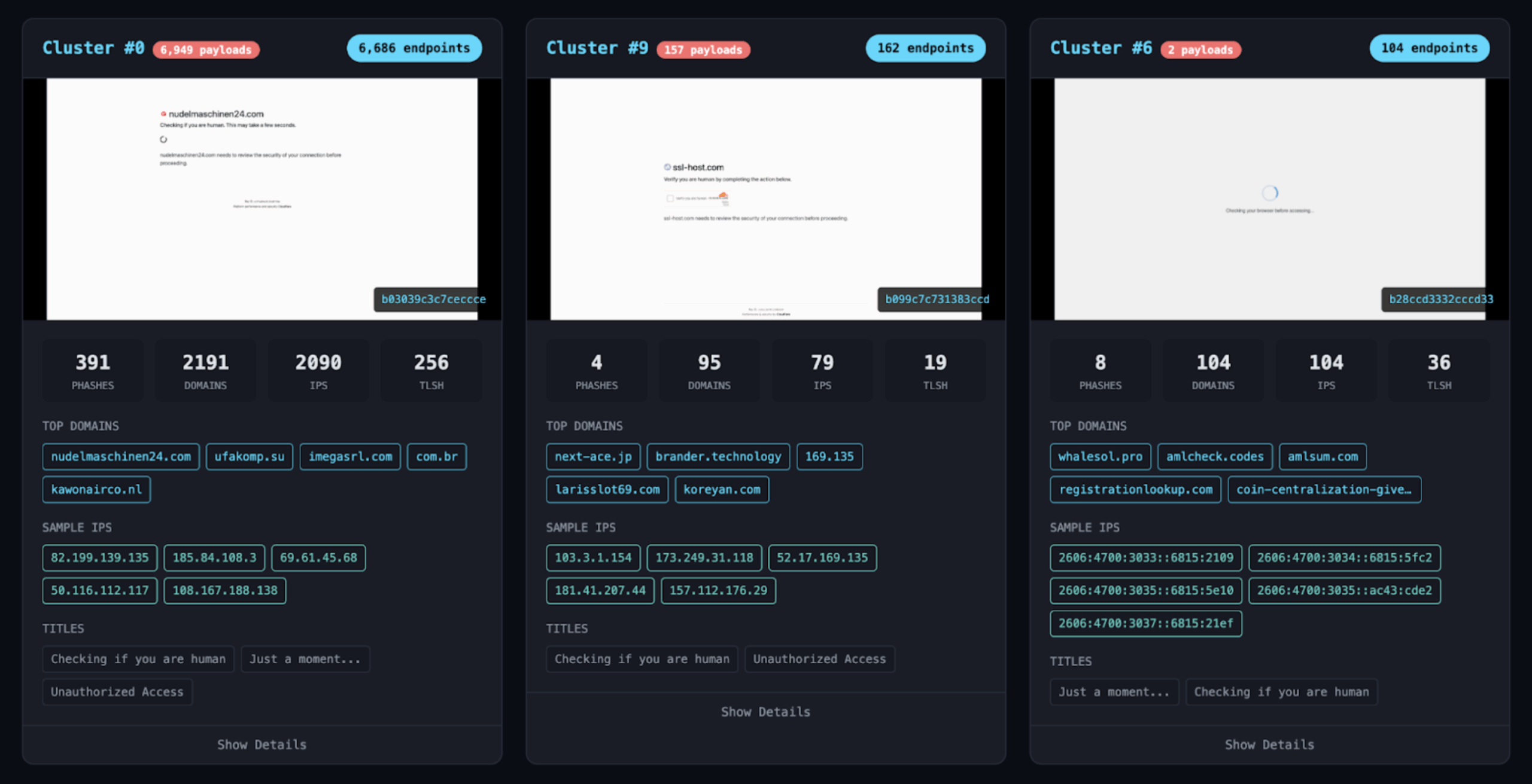 A selection of rendered clusters