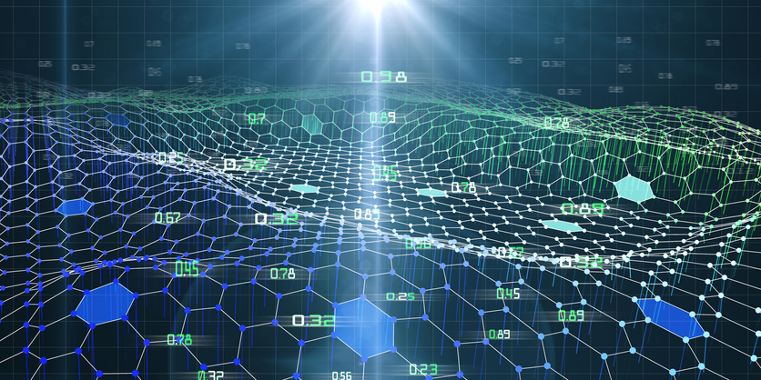 A digital representation of a futuristic, glowing hexagonal grid with numerical data and a bright light source above.